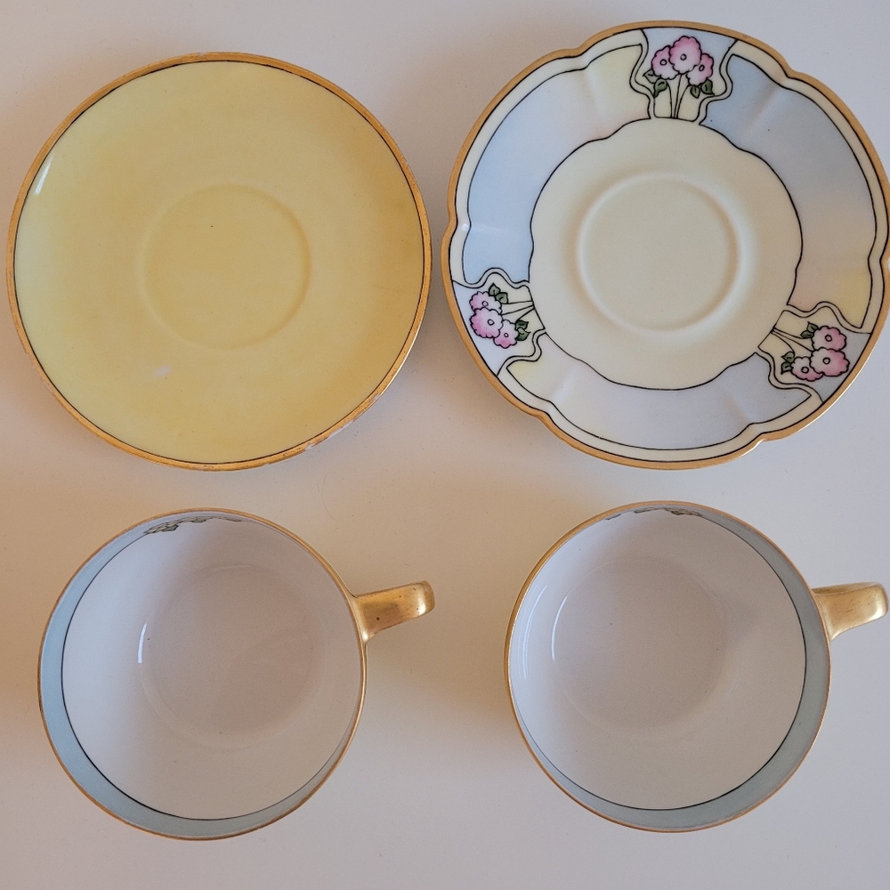 Antique Signed 1928 Elegant Yellow And Gold Handpainted Tea Cups and Saucers Set